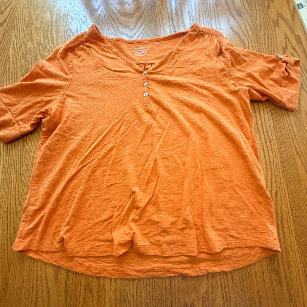 Chico‎ s The Ultimate Tee Henley Top Women XXL Orange Slub Knit Roll Tab Bright